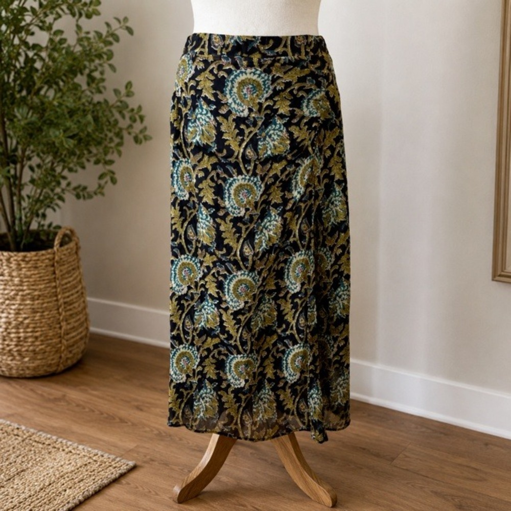 Naf Naf Floral Metallic Midi Skirt‎ Womens 38 M Sheer Lined Flowy Navy